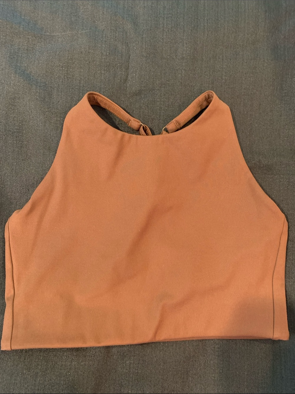 High Neck Cropped Criss Cross top by  girlfriend collective size small brown